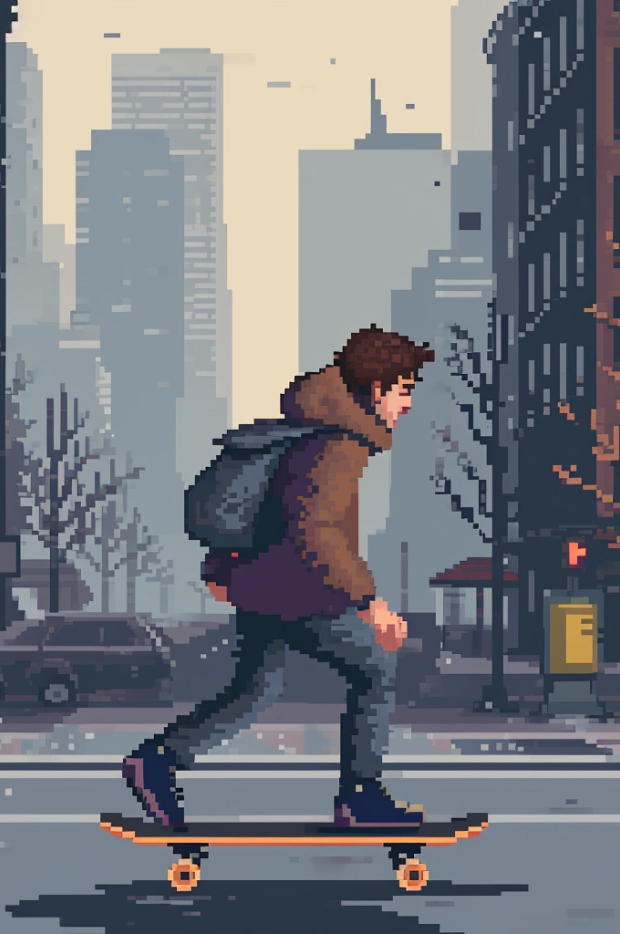 A pixel art depiction of a young person skateboarding through a city street. The scene is stylized with a retro video game aesthetic, featuring a hazy cityscape in the background, suggesting an urban environment.