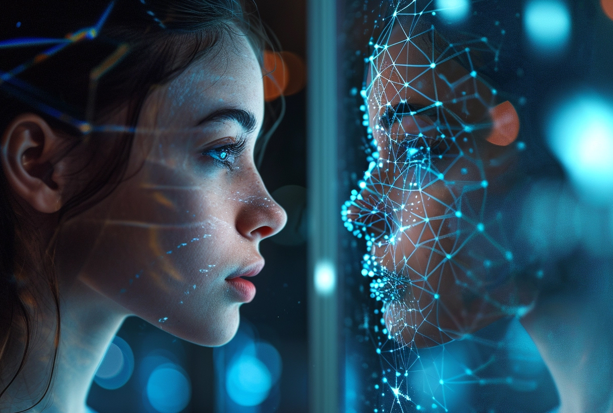 A young woman's profile gazing intently at a digital representation of a human face, highlighted by interconnected blue dots and lines, symbolizing facial recognition or biometric scanning.