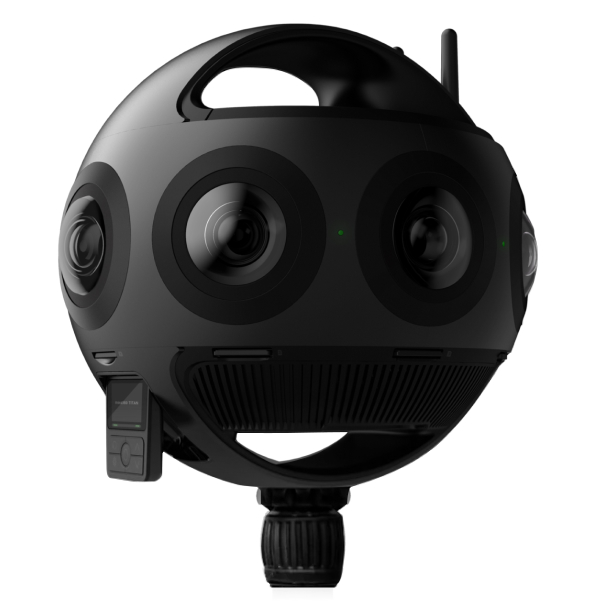 A spherical, black 360-degree camera with multiple lenses positioned around its surface, capable of capturing panoramic images and videos.