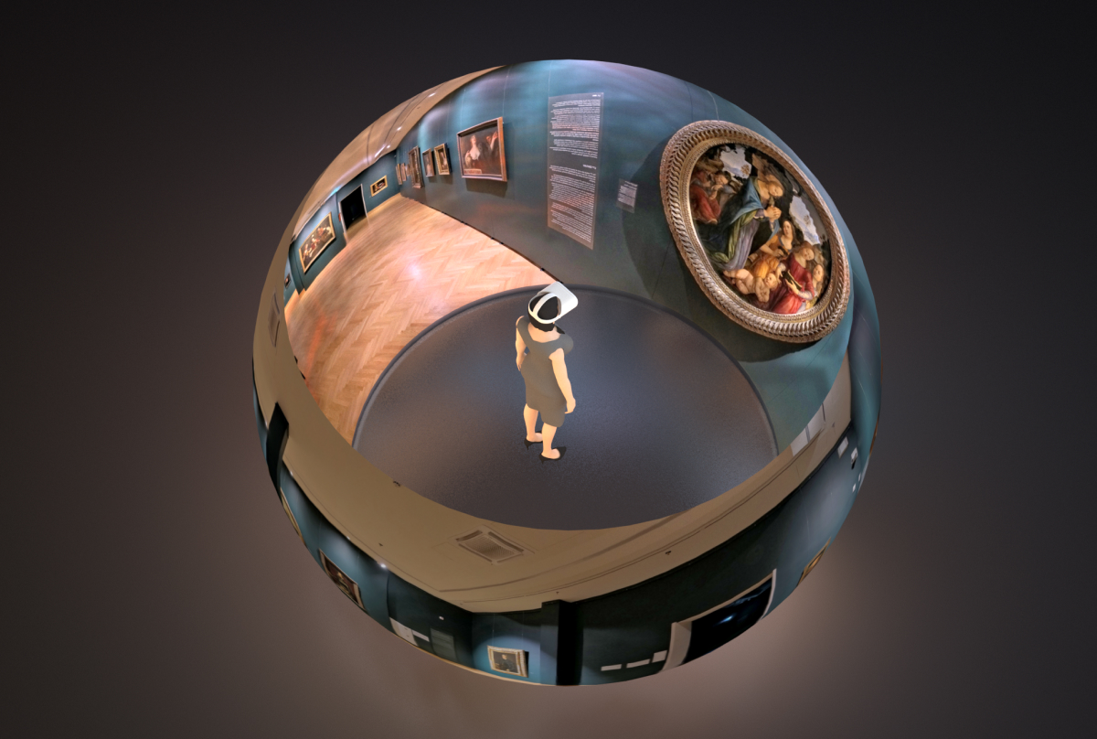 A virtual reality (VR) environment showcasing an immersive 360-degree art gallery. The focal point is a solitary figure, possibly a visitor, standing in the center and wearing a VR headset.