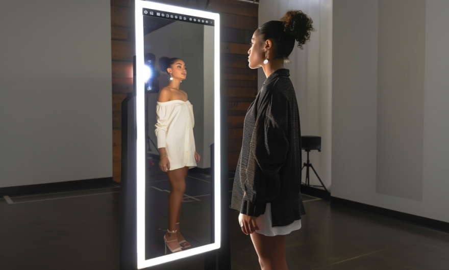 A woman standing in front of a full-length smart mirror that displays a virtual fitting of her in a white dress, reflecting both her actual appearance and the digital outfit.