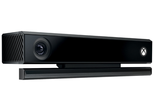 A long, sleek Kinect One device resembling a sound bar with a camera lens at one end, designed for interactive gaming and motion sensing.